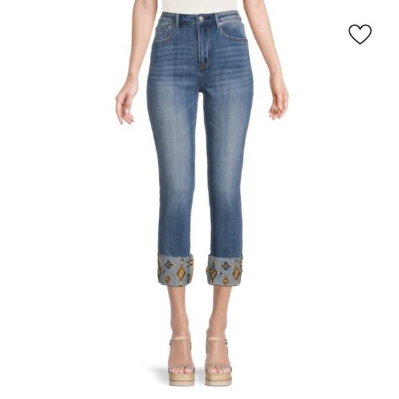 DRIFTWOOD Denim - DRIFTWOOD Colette Skinny Cropped Jeans Aztec embroidered cuff sz 28